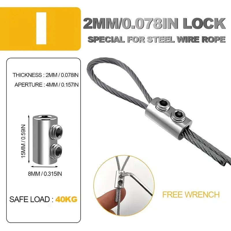 GJANSH 10Pcs Stainless Steel Wire Rope Clamps, 1/8" Double Hole Wire Cable Clips with L-Wrench, Heavy Duty Cable Crimp Loop Fastener for Garden, Camping, DIY Hanging Projects