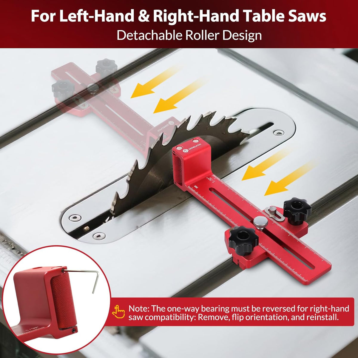 GJANSH Thin Rip Jig Safety One Way Roller Bearing 2 Pulleys Table Saw Jig Guide