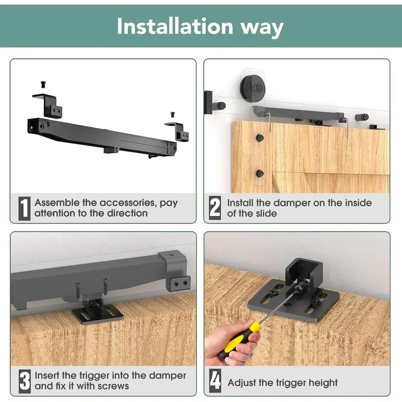 GJANSH Barn Door Soft Close Kit for 88-132 lbs Flat Track, 2 Pcs Hidden Track-Mounted Damper, Drill-Free Install, Prevents Door Bang, All Hardware & Instructions Included