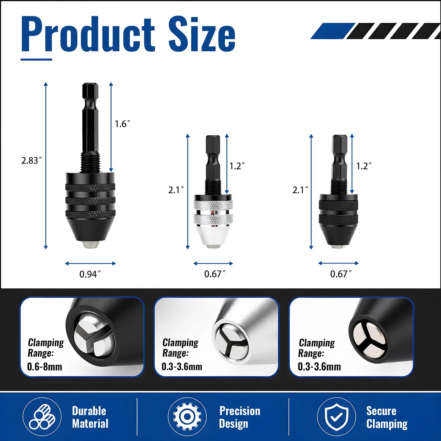 GJANSH 2Pcs Keyless Drill Chuck Adapter Set, 1/4" Hex Shank Quick Change (0.3-8mm) – Fits Impact Drill & Power Tools, Carbon Steel, for Milwaukee, DeWalt, Makita (2-Piece)