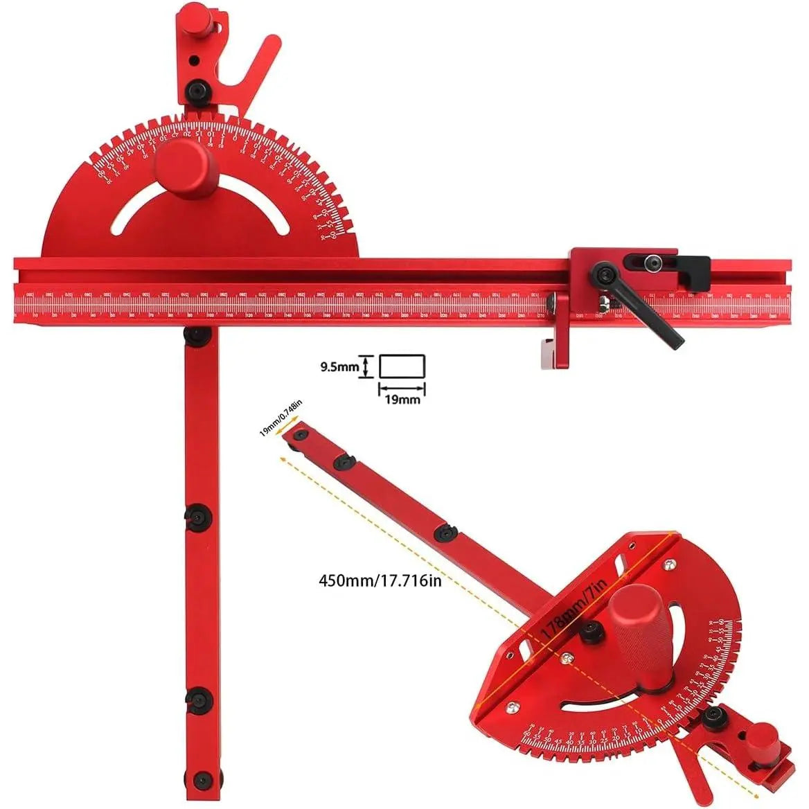 GJANSH Red Precision Miter Gauge for Table Saw, Band Saw & Router Table – Heavy Duty Aluminum Fence, 45/90 Degree Angle Stop, Crosscutting & Woodworking Sled Replacement