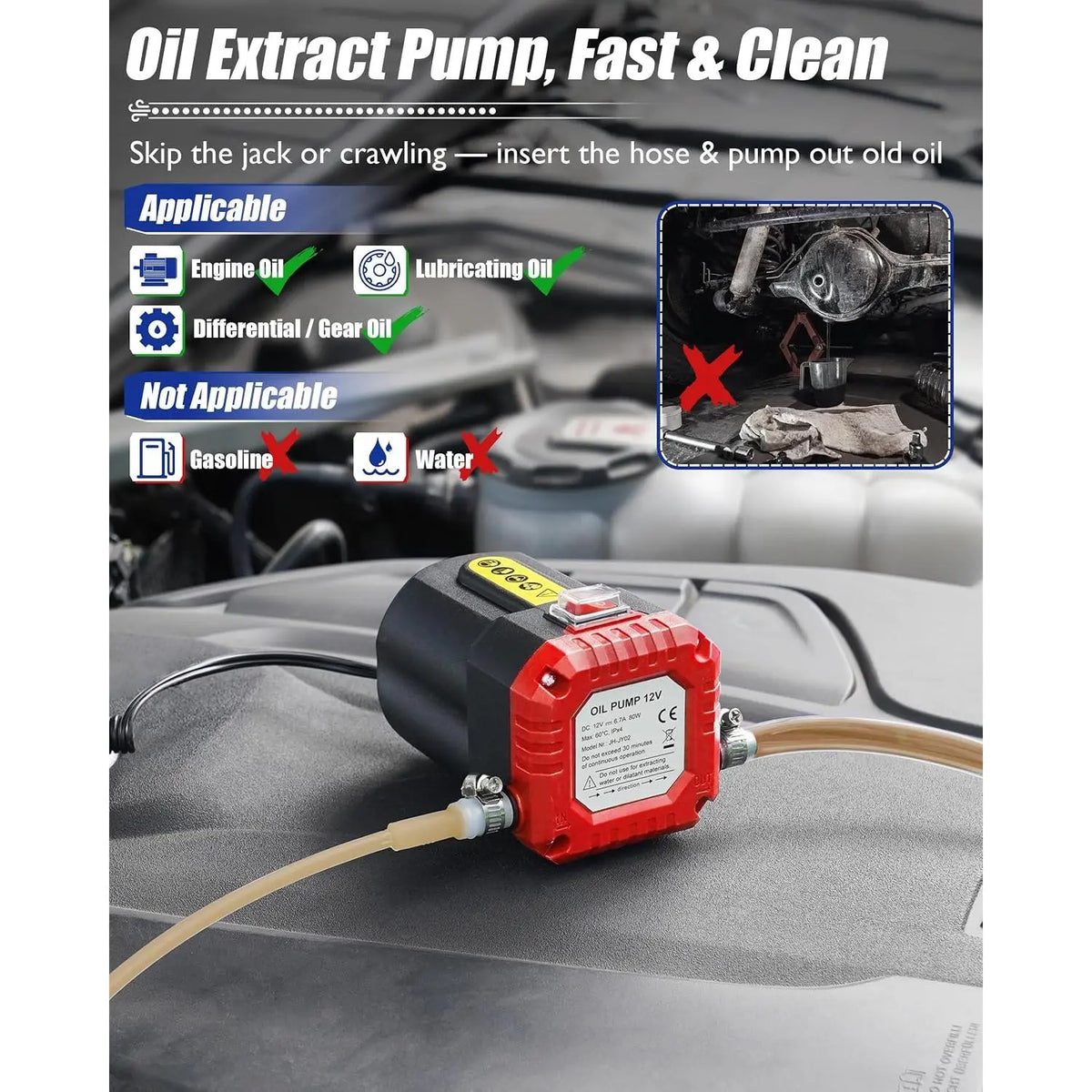 GJANSH 12V 80W Oil Extractor Pump, Oil Removal Transfer Suction Pump for Fluid Change, Diesel Scavenge Pump with Tubes Kit, Compatible with Truck RV Boat Marine (Red)