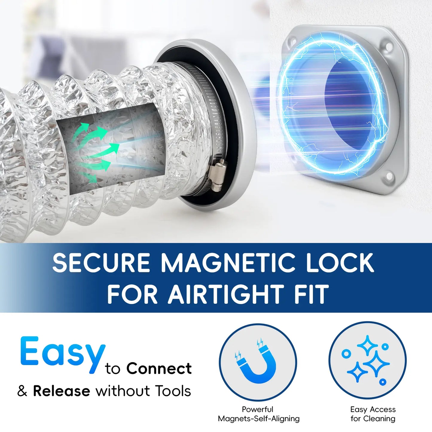 GJANSH Magnetic Dryer Vent Connector Kit Dryer Vent Hose for Quick Connection and Disconnection Strong Magnet Self-Alignment Airtight Seal for Secure & Efficient Dryer Airflow Universal 2.6ft 4" Duct