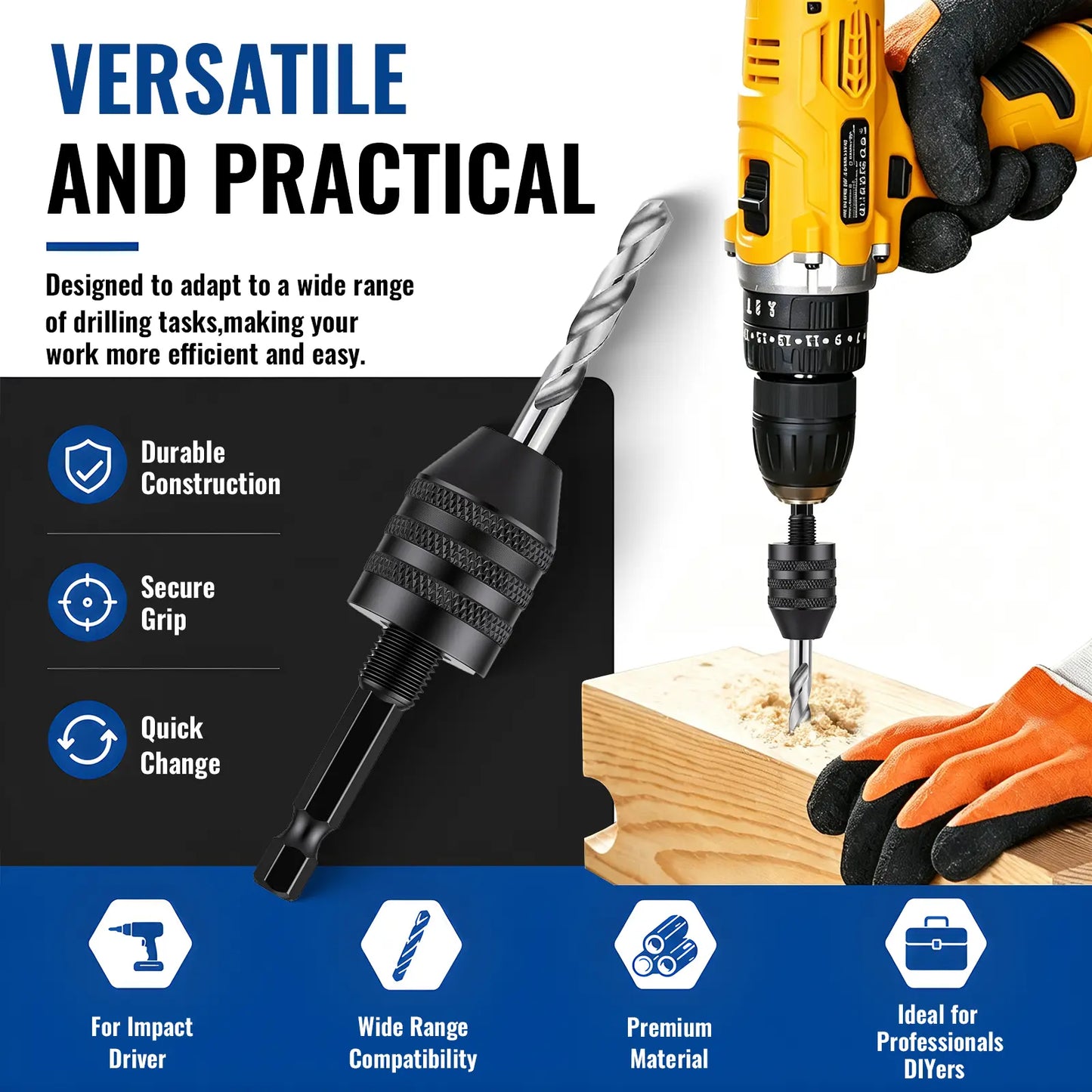 GJANSH 2Pcs Keyless Drill Chuck Adapter Set, 1/4" Hex Shank Quick Change (0.3-8mm) – Fits Impact Drill & Power Tools, Carbon Steel, for Milwaukee, DeWalt, Makita (2-Piece)