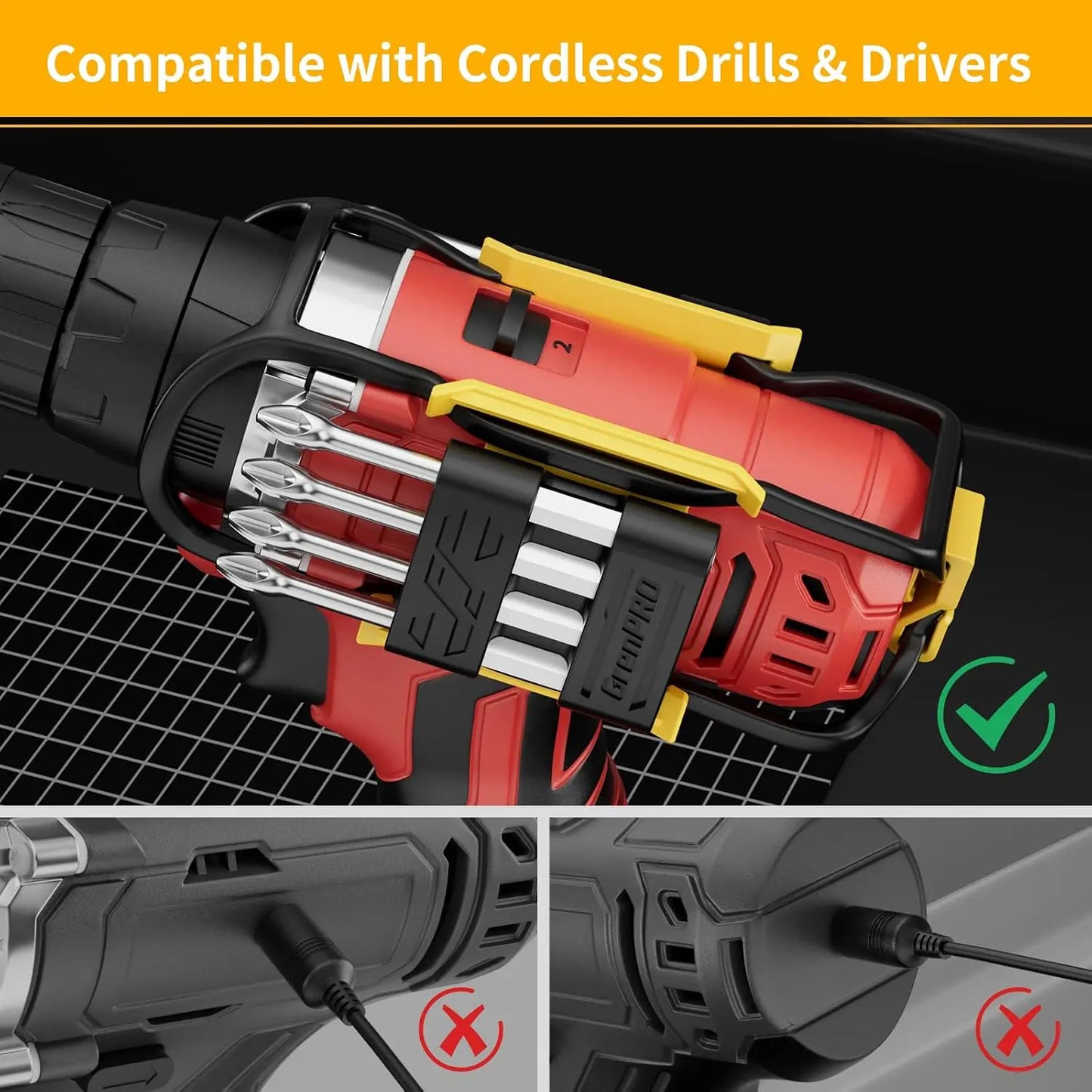 GJANSH Magnetic Bit Holder for Cordless Drills, 8 Bits, Left/Right Mount | Belt Clip Mount Fits Milwaukee, DeWalt, Ridgid, Makita, Bosch and Ryobi drills and screwdrivers, More