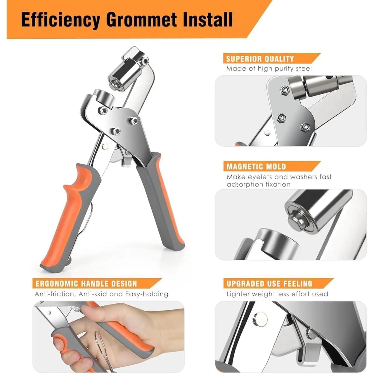 GJANSH Professional Grommets Kit, Multi-Functional Grommet Handheld Pliers, 3/8 Inch Heavy-Duty Portable Eyelet Setter Tool, for Punching Round Holes In Leather, Belts, Tarps, Fabric