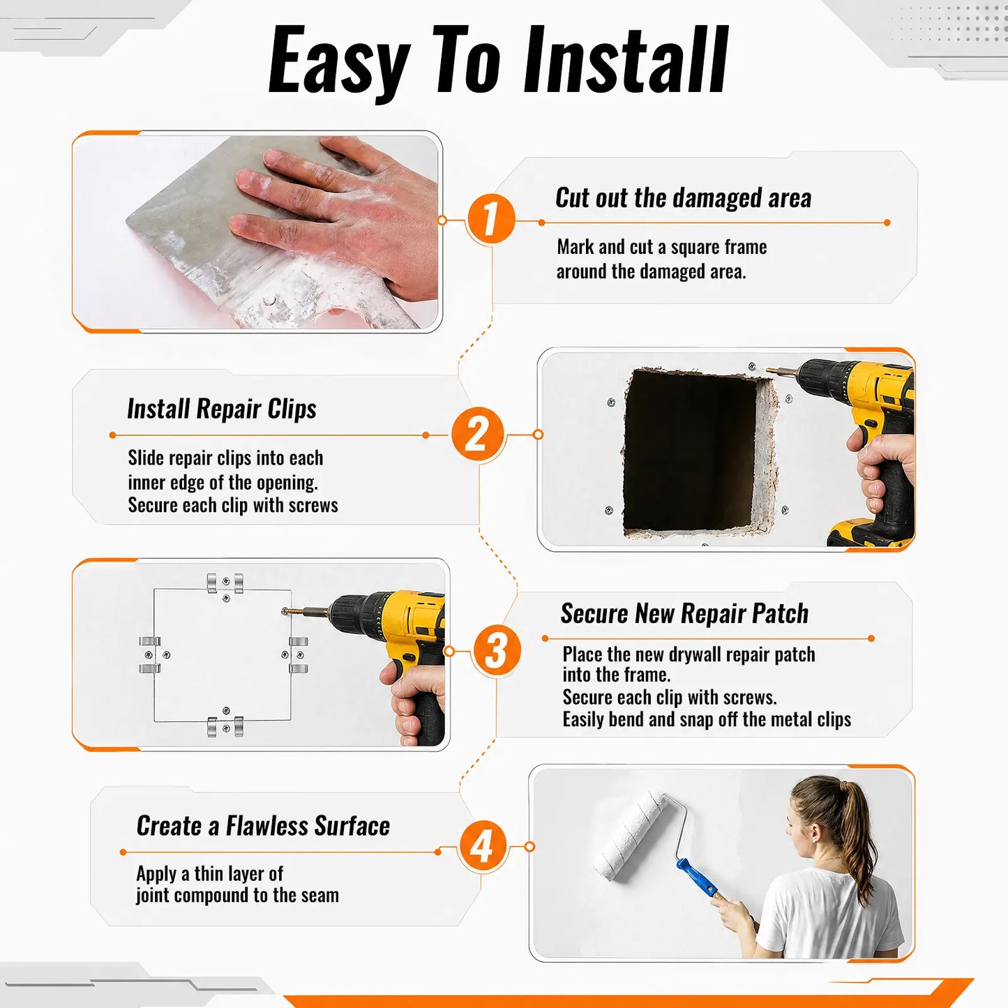 GJANSH Easy-to-Install 1/2-Inch Drywall Clips,Drywall Repair Tools, Professional Wall Hole Repair Kit and Drywall, Sturdy Metal-Backed Clips with Screws for Home Renovation