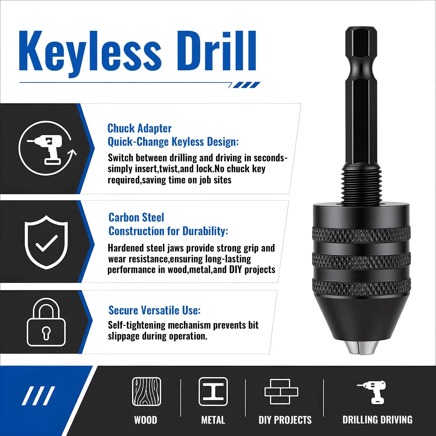GJANSH 2Pcs Keyless Drill Chuck Adapter Set, 1/4" Hex Shank Quick Change (0.3-8mm) – Fits Impact Drill & Power Tools, Carbon Steel, for Milwaukee, DeWalt, Makita (2-Piece)
