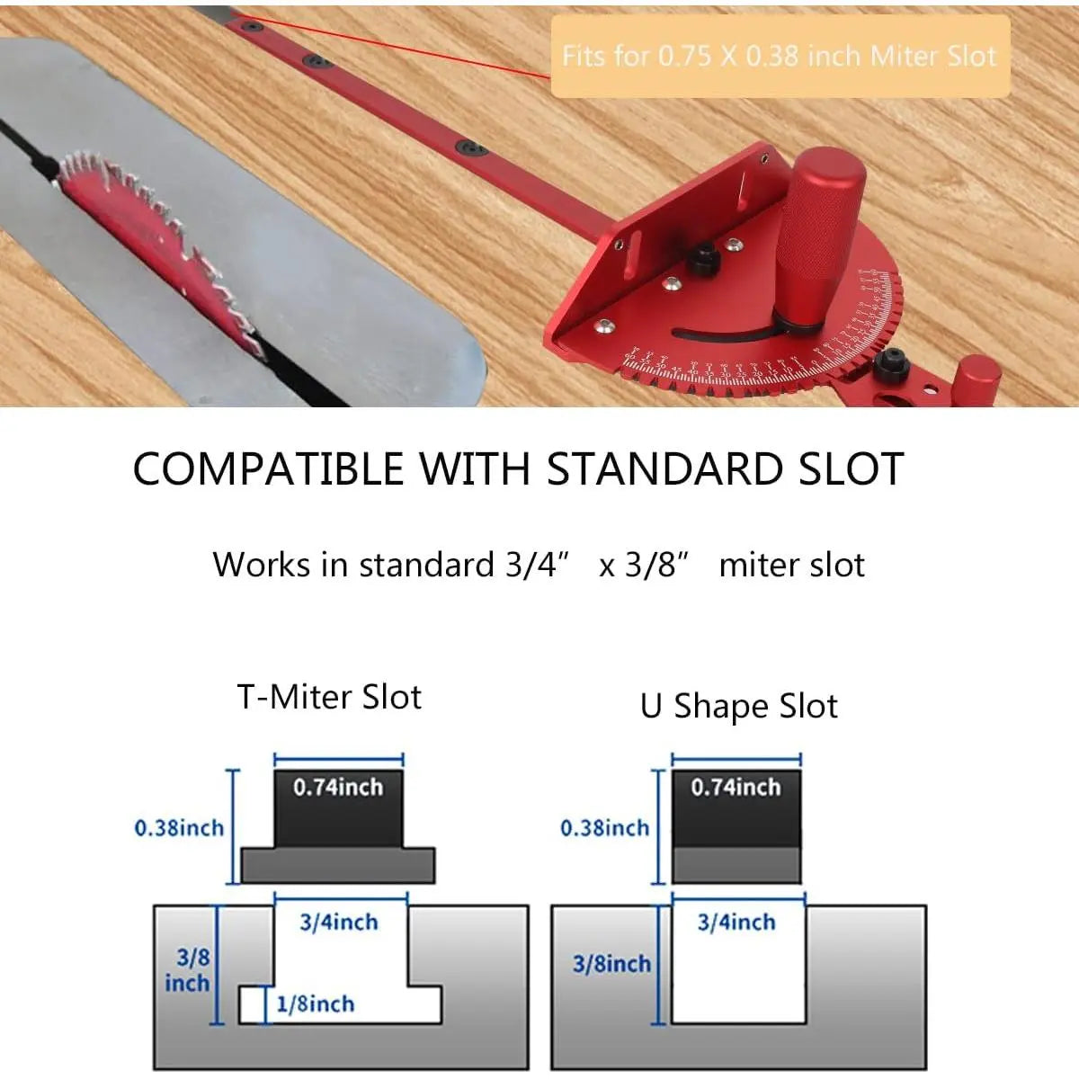 GJANSH Red Precision Miter Gauge for Table Saw, Band Saw & Router Table – Heavy Duty Aluminum Fence, 45/90 Degree Angle Stop, Crosscutting & Woodworking Sled Replacement