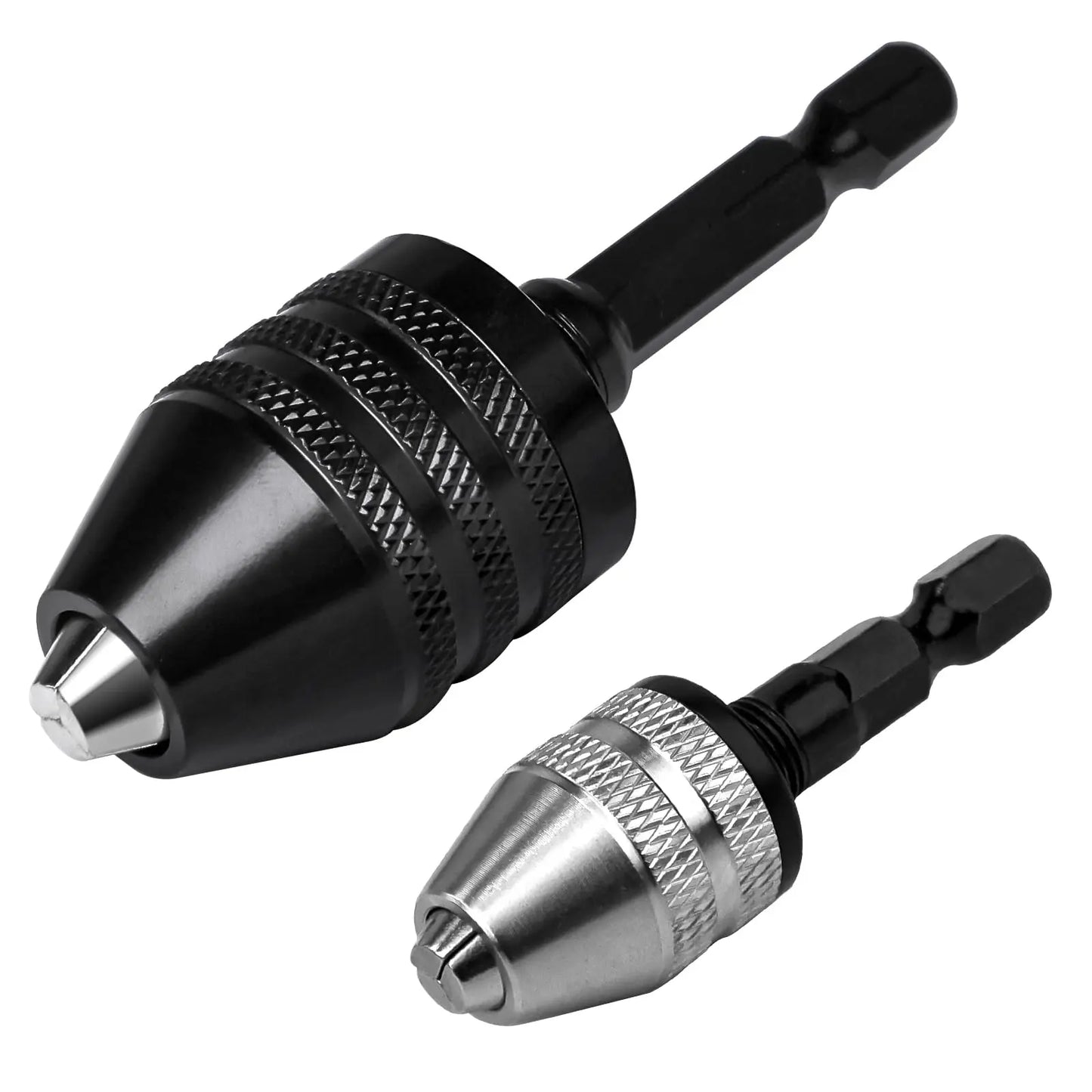 GJANSH 2Pcs Keyless Drill Chuck Adapter Set, 1/4" Hex Shank Quick Change (0.3-8mm) – Fits Impact Drill & Power Tools, Carbon Steel, for Milwaukee, DeWalt, Makita (2-Piece)