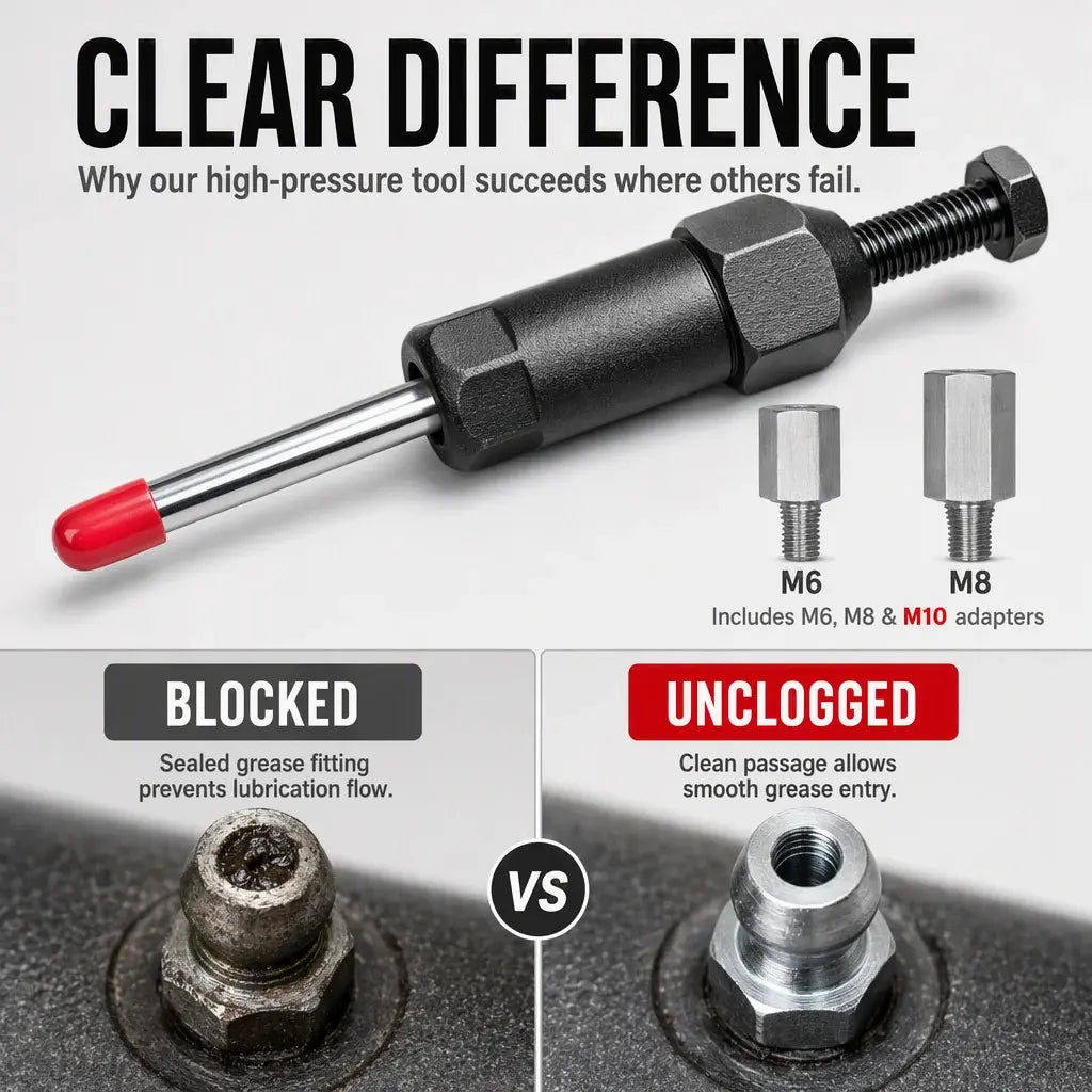GJANSH Industrial Grease Unclogger – Professional Grade Tool for Blocked Machinery Fittings, High Pressure Exceeds 600 PSI, Fits M6/M8/M10, Heavy Duty Steel Build for Tractors, Excavators, Trucks & Automotive Maintenance