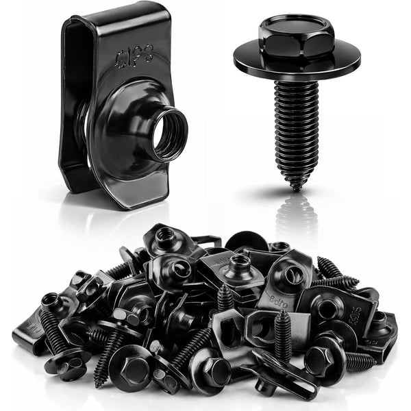 GJANSH 50PCS 1/4 Body Bolts & U-Nut Clips Kit for Fender Bumper Engine Cover Splash Shield Fastener Retainer Clips, Automotive Universal Screws Black(25 Sets)
