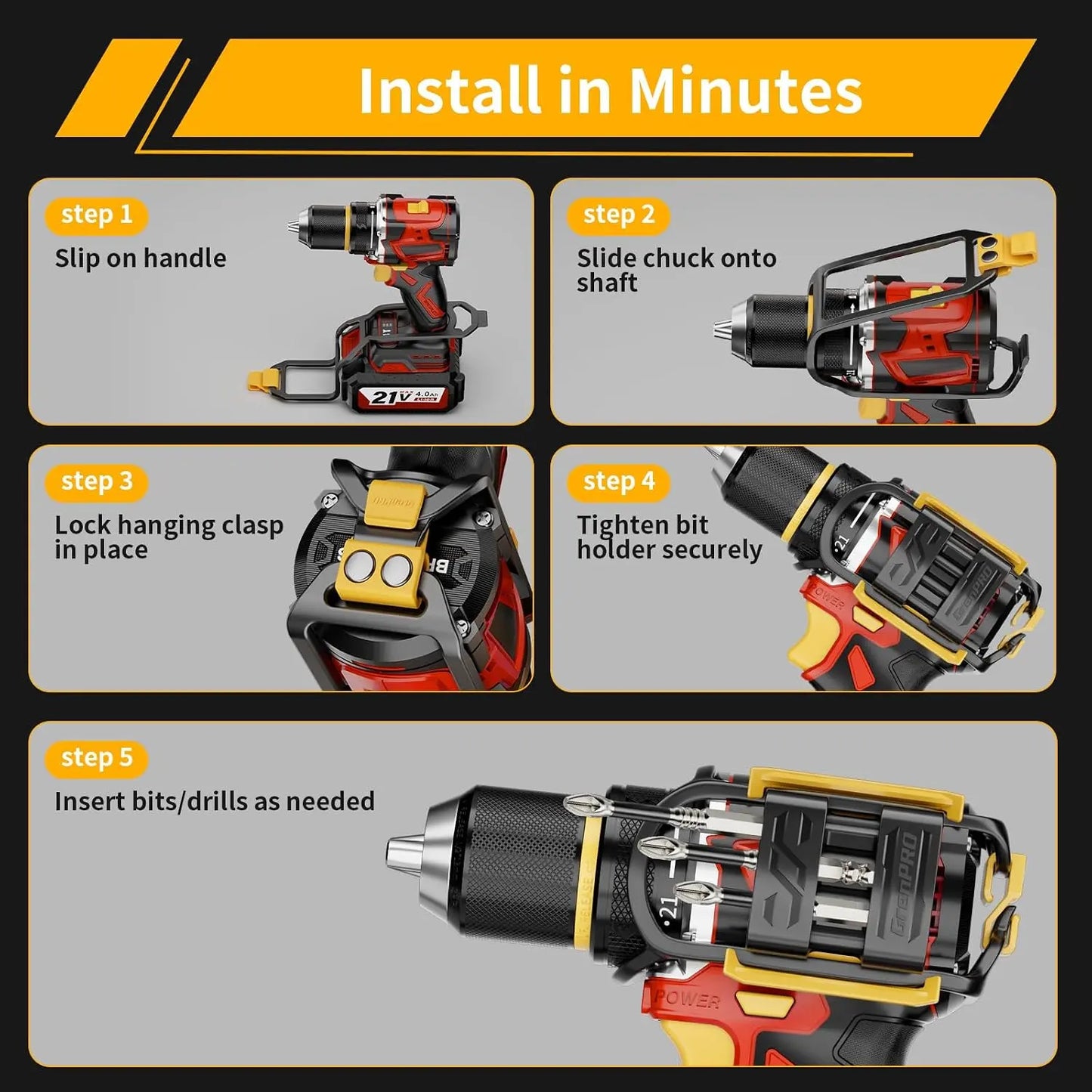 GJANSH Magnetic Bit Holder for Cordless Drills, 8 Bits, Left/Right Mount | Belt Clip Mount Fits Milwaukee, DeWalt, Ridgid, Makita, Bosch and Ryobi drills and screwdrivers, More