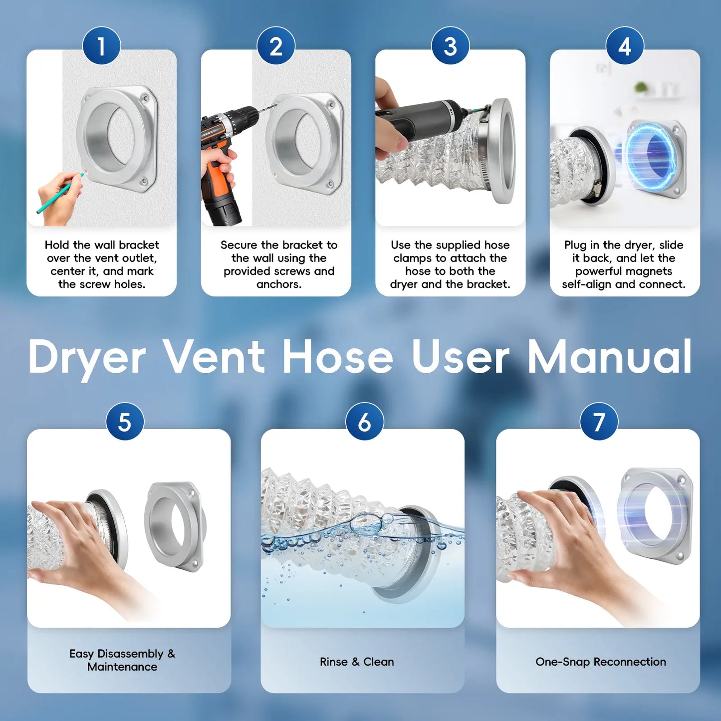 GJANSH Magnetic Dryer Vent Connector Kit Dryer Vent Hose for Quick Connection and Disconnection Strong Magnet Self-Alignment Airtight Seal for Secure & Efficient Dryer Airflow Universal 2.6ft 4" Duct