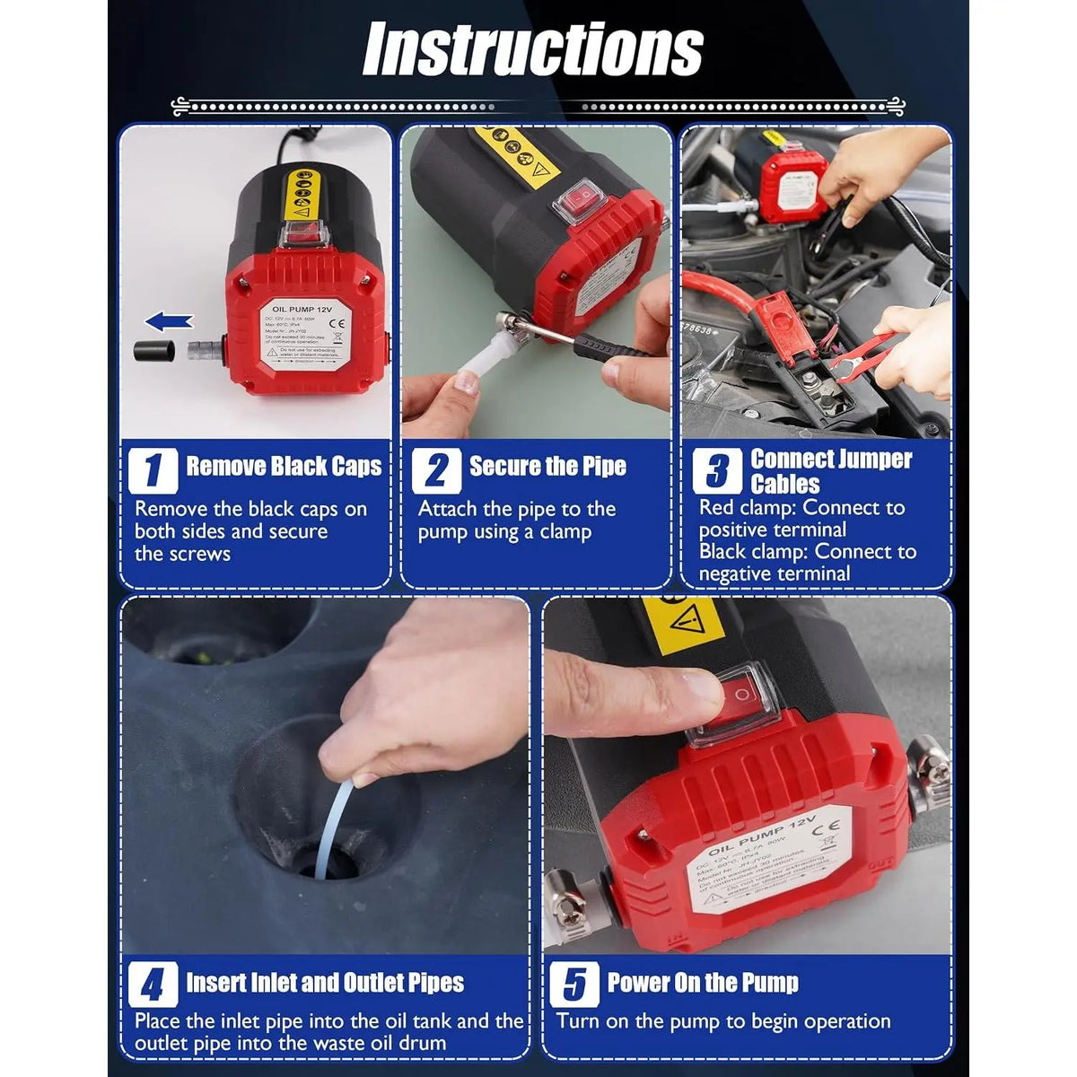 GJANSH 12V 80W Oil Extractor Pump, Oil Removal Transfer Suction Pump for Fluid Change, Diesel Scavenge Pump with Tubes Kit, Compatible with Truck RV Boat Marine (Red)