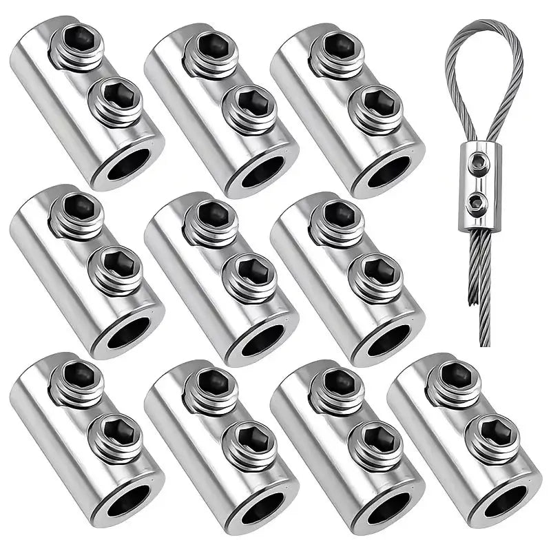 GJANSH 10Pcs Stainless Steel Wire Rope Clamps, 1/8" Double Hole Wire Cable Clips with L-Wrench, Heavy Duty Cable Crimp Loop Fastener for Garden, Camping, DIY Hanging Projects
