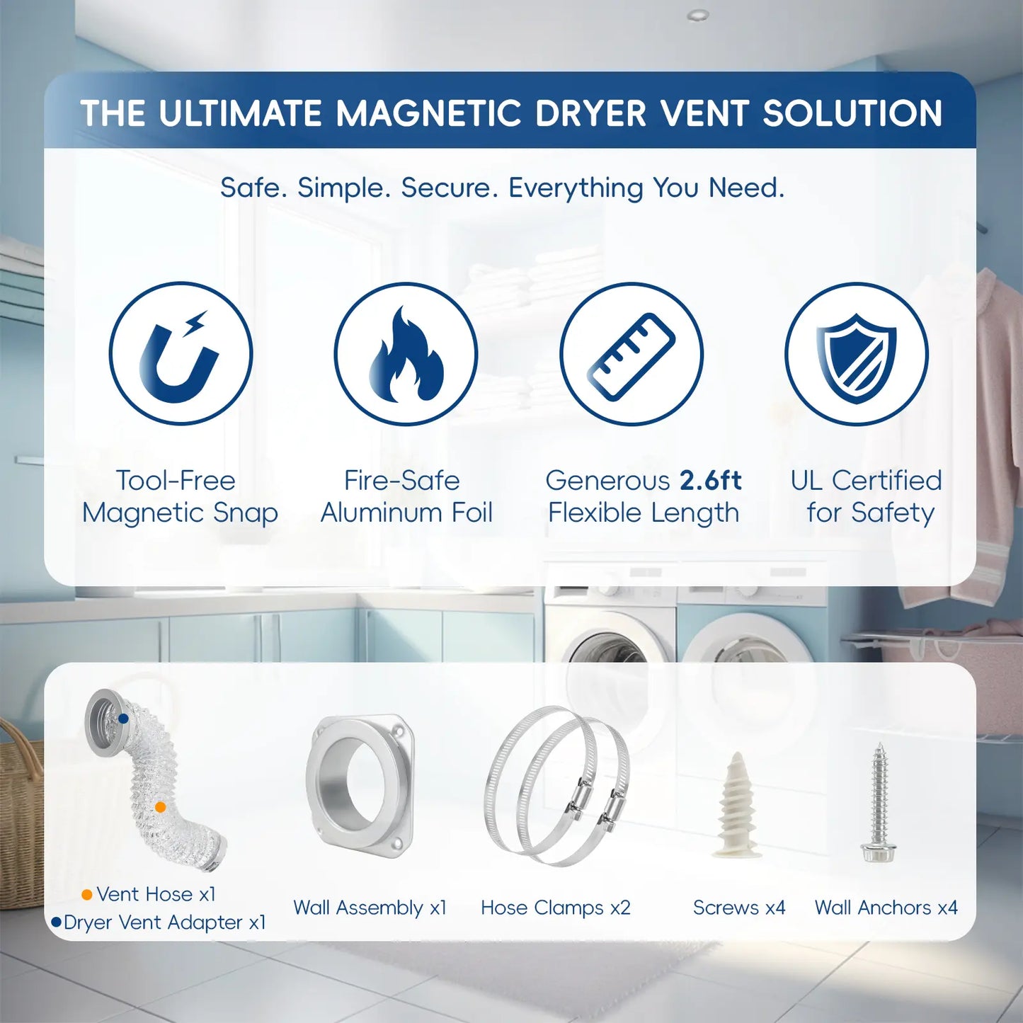 GJANSH Magnetic Dryer Vent Connector Kit Dryer Vent Hose for Quick Connection and Disconnection Strong Magnet Self-Alignment Airtight Seal for Secure & Efficient Dryer Airflow Universal 2.6ft 4" Duct