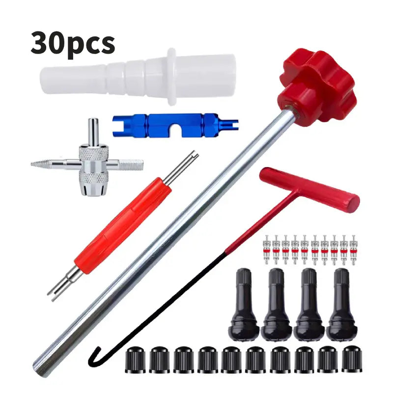 GJANSH 14-Piece Set Quick Change Tire Valve Tool Kit,Tire Valve Stem Core Quickly Replacement Tool Kit,Perfect Tool for Replacing Leaky Valves in Cars,ATVs,Trucks,Motorcycles, etc.with 5 TR413 Valve,4-Way Valve Tool