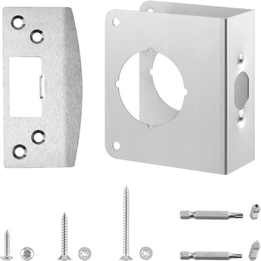 GJAHSH MP9457 Door Reinforcement Plate & Security Strike Plate for 1-3/4" Doors, Heavy Duty Stainless Steel Lock Reinforcer Wrap Around Plate with Tamper-Proof Torx Screws, Fits 2-1/8" Bore and 2-3/8" Backset (Black)