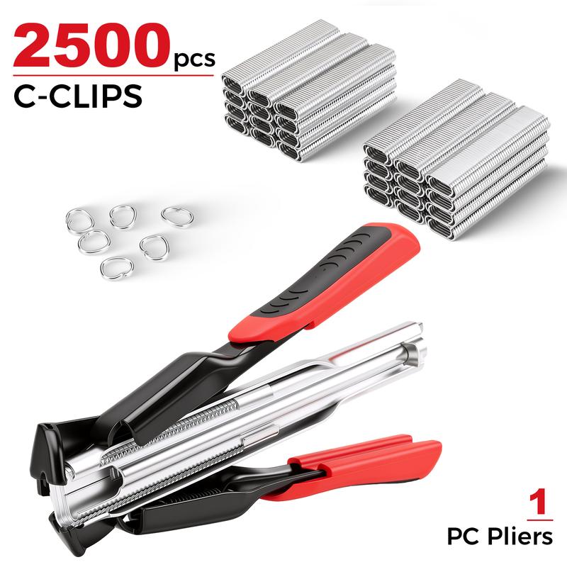 GJANSH 100 PCS/2500 PCS C Clips Hog Ring Pliers Kit, 3/4'' Hog Ring Nail, Fencing Plier Staple Gun Cage Clamp for Animal Pet Cages Fencing, Upholstery, Car Cushions, Meat and Sausage Casings