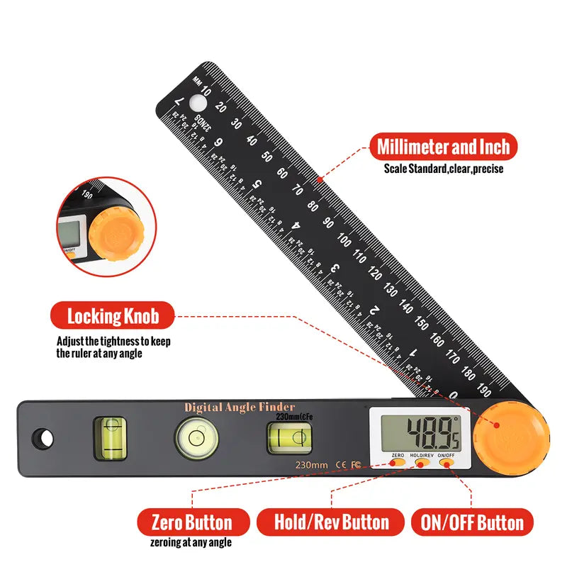 GJANSH Digital Angle Finder, 7 inch /200mm T-Bevel Protractor Ruler,Horizontal Vertical Bubble levels with Large LED Screen, 0-360° Measuring Tool,Suitable for Woodworking/Construction/DIY