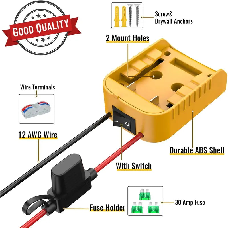 GJANSH for Power Wheel Adapter Compatible with Dewalt 20V Battery Converter Kit with Switch & Fuse & Wire Terminals & 12 AWG Wire for DIY RC Car Toys Robotics