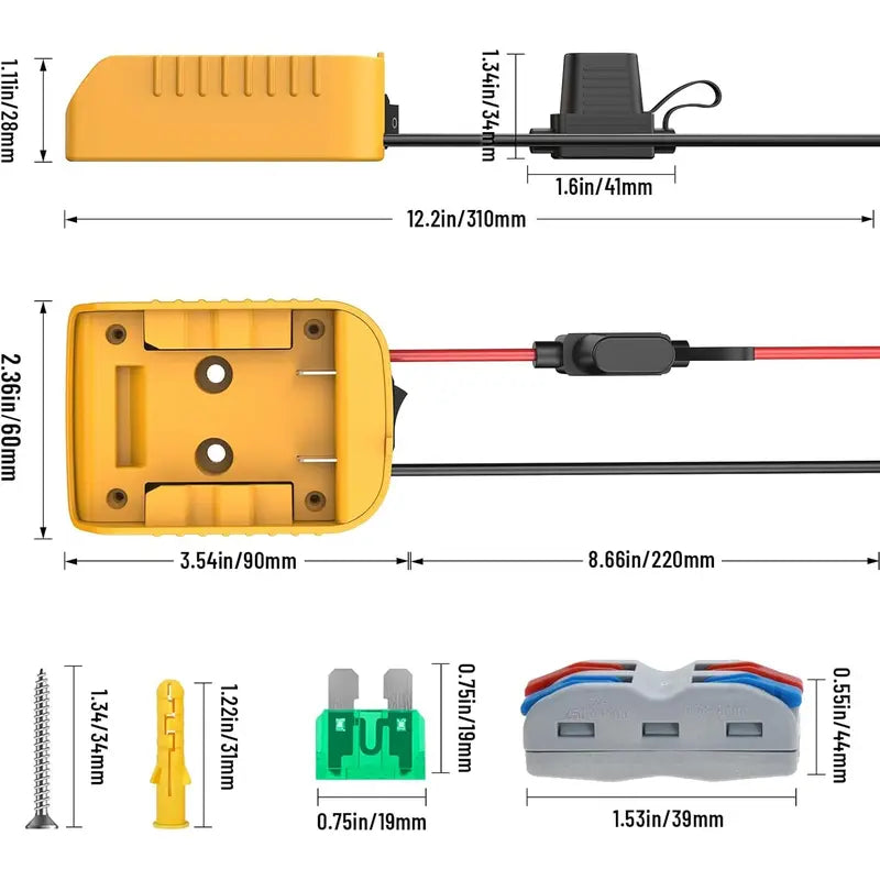 GJANSH for Power Wheel Adapter Compatible with Dewalt 20V Battery Converter Kit with Switch & Fuse & Wire Terminals & 12 AWG Wire for DIY RC Car Toys Robotics