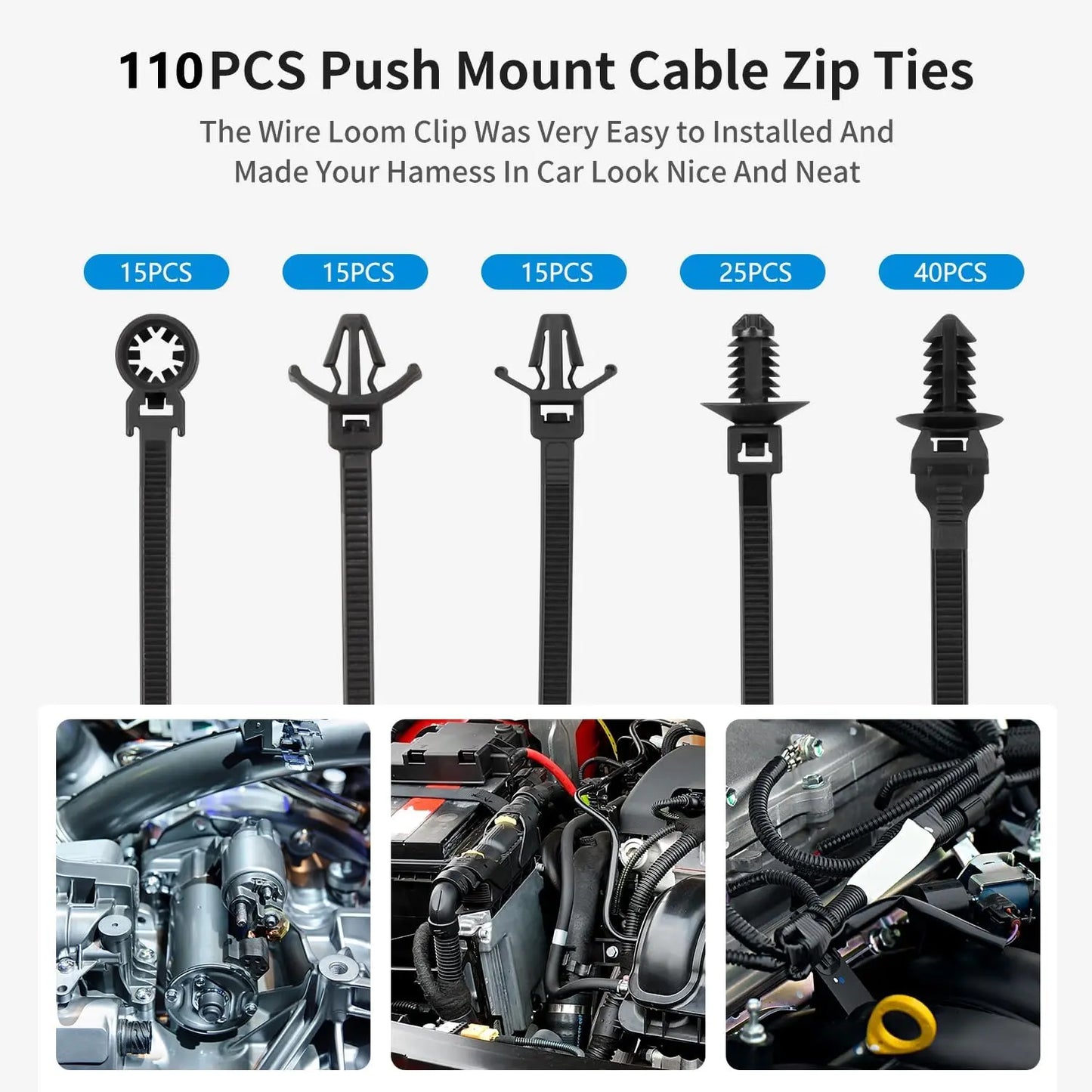 GJANSH 160 PCS Push Mount Zip Ties, Nylon Car Mount Wire Ties Snap in Cable Zip Ties, Black Push Mount Cable Ties Automotive Zip Ties Fastener Wire Harness Clips for Wire Tying