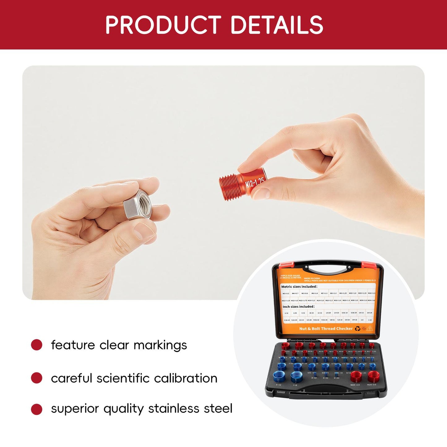 GJANSH 26/44PCS Nut and Bolt Thread Checker - Comprehensive Bolt Size and Thread Gauge Tool, Inch & Metric Sizes, with Handy Tool Box, Excellent for Home Garages and Car Repairs, Snapfixmate, fathersdaygift